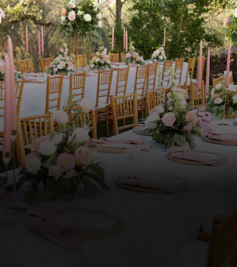 Elegant garden party setup with pink flowers