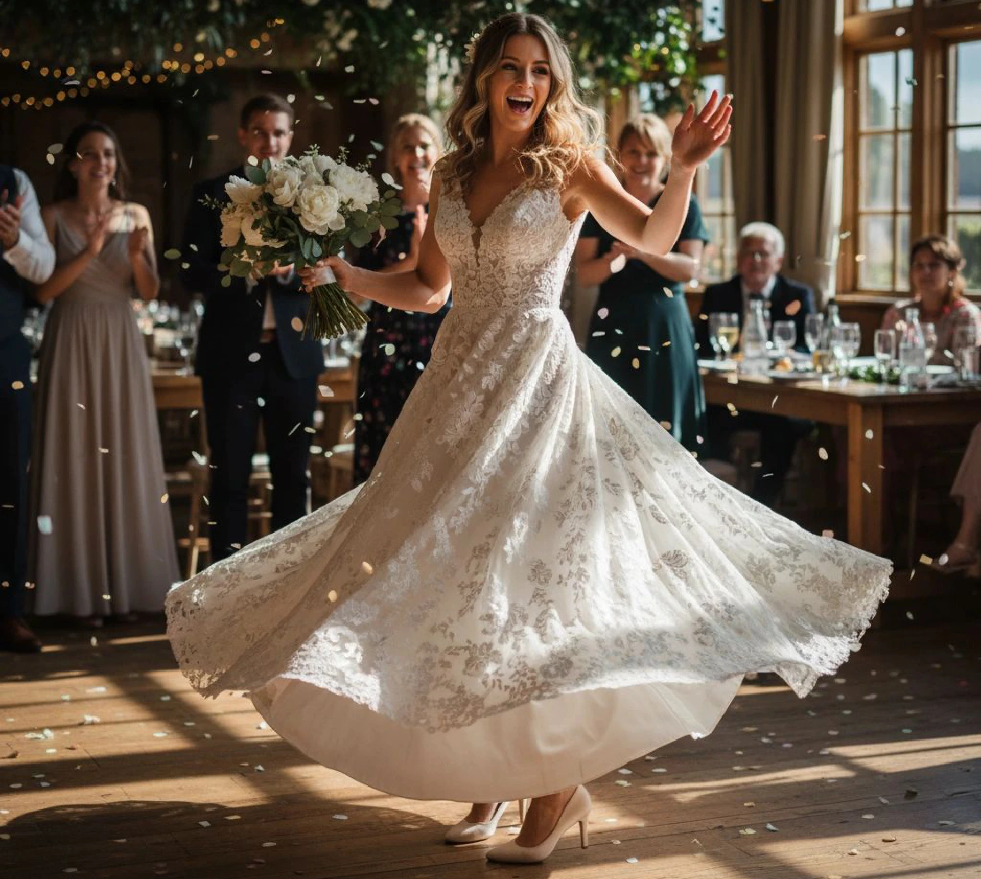 Bride dancing joyfully at wedding reception